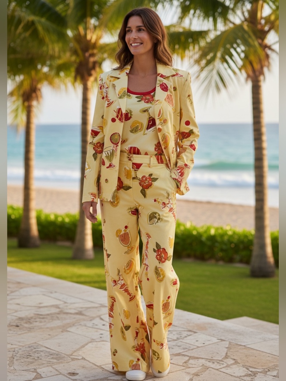 NWT 3PC ELIZABETH DALTON RESORTWEAR PANT SUIT W YELLOW NOVELTY COCKTAIL PRINT